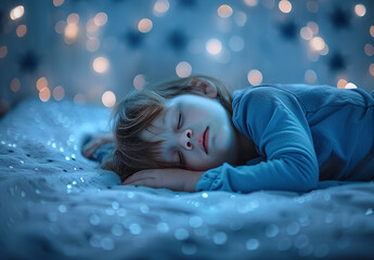 Photo portrait of Peaceful Child Sleeping Under a Starry Night Light