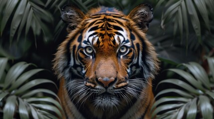 Fototapeta premium Majestic tiger staring intensely through the tropical foliage of a dense jungle