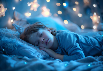 Photo portrait of Peaceful Child Sleeping Under a Starry Night Light