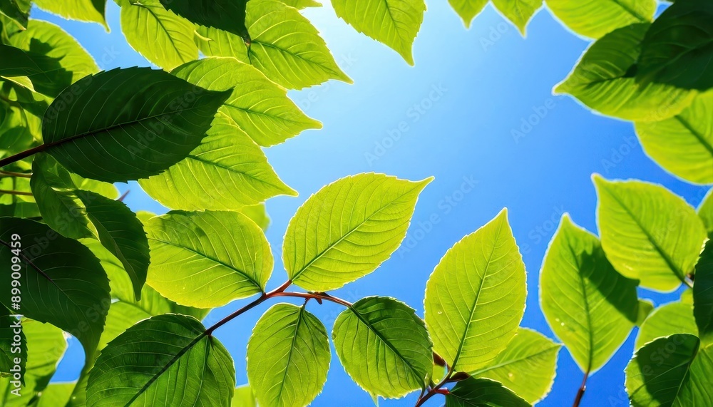 Wall mural Green Leaves Against Blue Sky.