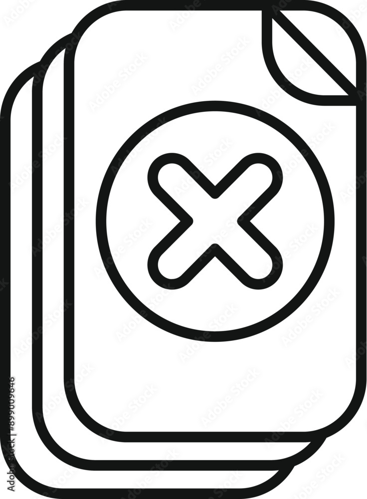 Poster line drawing of multiple files with a corner curled up, with a large x mark symbolizing deletion