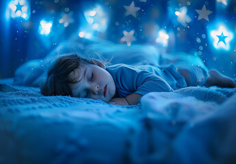 Photo portrait of Peaceful Child Sleeping Under a Starry Night Light