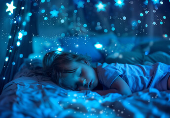 Photo portrait of Peaceful Child Sleeping Under a Starry Night Light