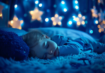Photo portrait of Peaceful Child Sleeping Under a Starry Night Light