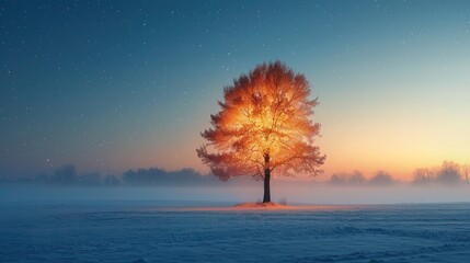 Winter's Beauty: A Majestic Tree in Late Evening Snowfall