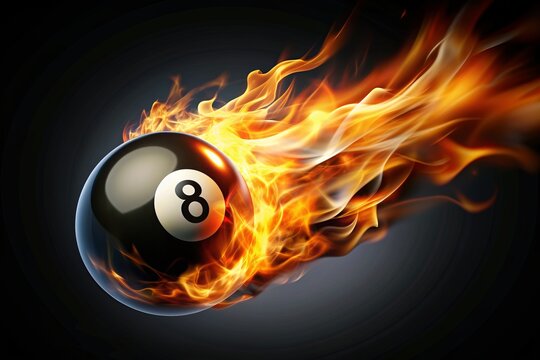 Sizzling black eight billiard ball engulfed in flames with fiery tail, dynamic motion blur, on a dark mysterious background, conveying energy and intense power.