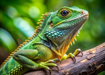 Obraz premium Vibrant green dragon lizard with yellow throat pouch perches on tree branch, showcasing scaly skin, spiky back, and powerful claws in a natural habitat setting.