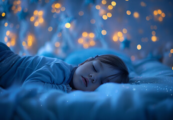 Photo portrait of Peaceful Child Sleeping Under a Starry Night Light