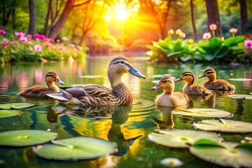 Serene shallow water scene featuring adorable ducks swimming together in harmony, surrounded by lush greenery and vibrant water lilies, warm sunlight casting gentle ripples.