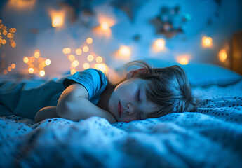 Photo portrait of Peaceful Child Sleeping Under a Starry Night Light