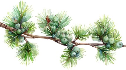 Green Pine Branch Watercolor Illustration Isolated for Christmas and New Year Decor