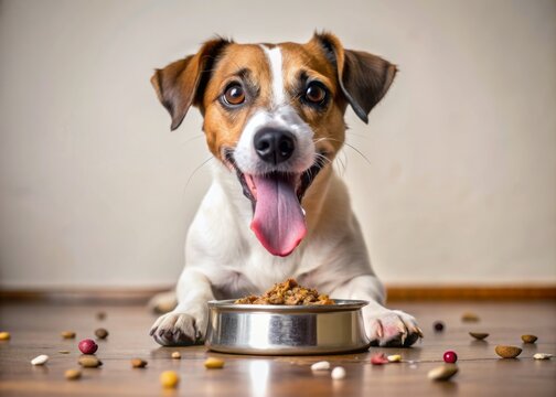 Adorable hungry Jack Russell dog eagerly licks empty food bowl with tongue out, surrounded by scattered crumbs, highlighting anticipatory hunger and playful personality.