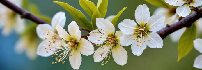 Close-Up of Delicate White Plum Blossoms with Yellow Stamens.
