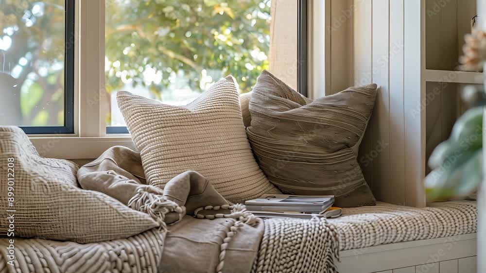Poster a cozy alcove with a builtin window seat adorned with soft pillows a plush throw and a stack of maga
