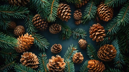 Obraz premium Festive Fir: Christmas Tree Branches and Pine Cones Background