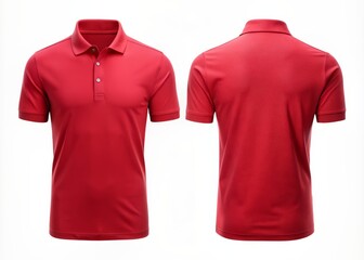Isolated stylish red polo shirt with front and back views on white background, showcasing classic collar and button details in high-quality mockup design.