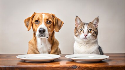 Adorable dog and cat sit together at a table, their eyes fixed expectantly on empty plates, awaiting the arrival of their next delicious meal.