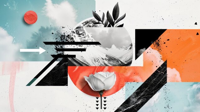 Vision board with eclectic mix of visuals and arrows pointing to a central achievement, highlighting the journey towards goals, rich in detail and color