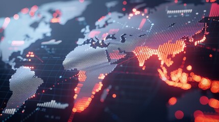 Obraz premium World map with glowing arrows indicating investment trends, country borders highlighted, financial icons and data points