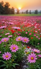 Pink Daisies Field at Sunset.