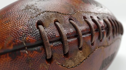 Obraz premium Close up of old leather football laces, showcasing texture and stitching. Brown pigskin exudes vintage charm, evoking sports memories. Weathered look symbolizes victory and achievement