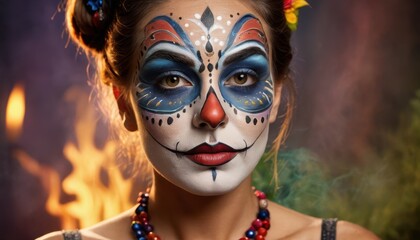 Woman with Traditional Mexican Sugar Skull Makeup.
