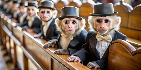 Adorable Capuchin monkeys donning dapper formal attire, complete with bowties and miniature top hats, perch on a church pew, awaiting a whimsical wedding celebration.