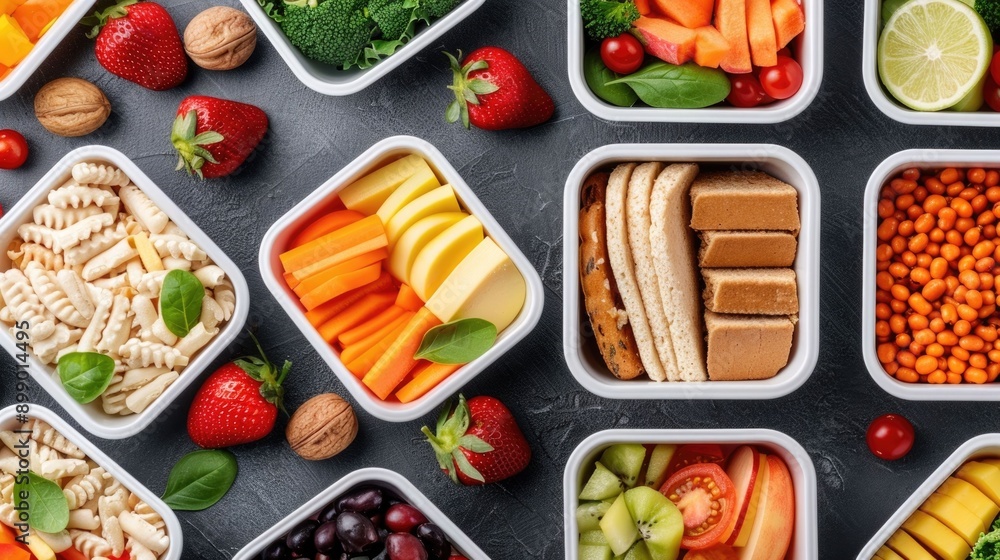 Poster flat lay composition of various healthy lunch snacks arranged in compartmented containers featuring 