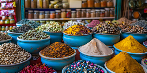 Mercado de especiarias marroquino repleto de cores vibrantes