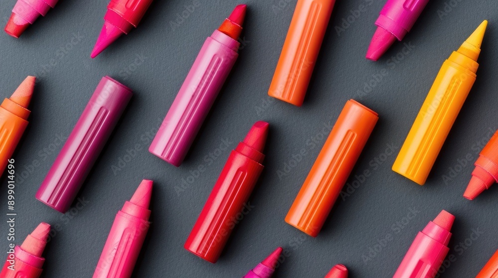 Poster vibrant flat lay composition of assorted range of bright and colorful highlighter marker pens and st