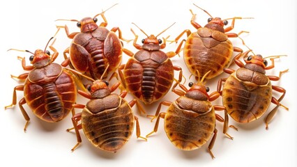 Macro shot of five bed bugs crawling on a white background, showcasing their distinct oval-shaped bodies and reddish-brown color, highlighting the pest problem.