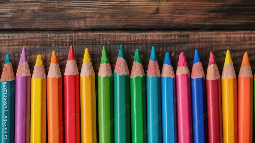 Poster flat lay of an assortment of vibrant crayons and coloring books arranged on a rustic wooden backgrou