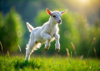 Obraz premium Adorable baby goat leaps with glee in lush green meadow, its tiny legs splayed wide, fluffy white coat shining, epitomizing carefree farm freshness.