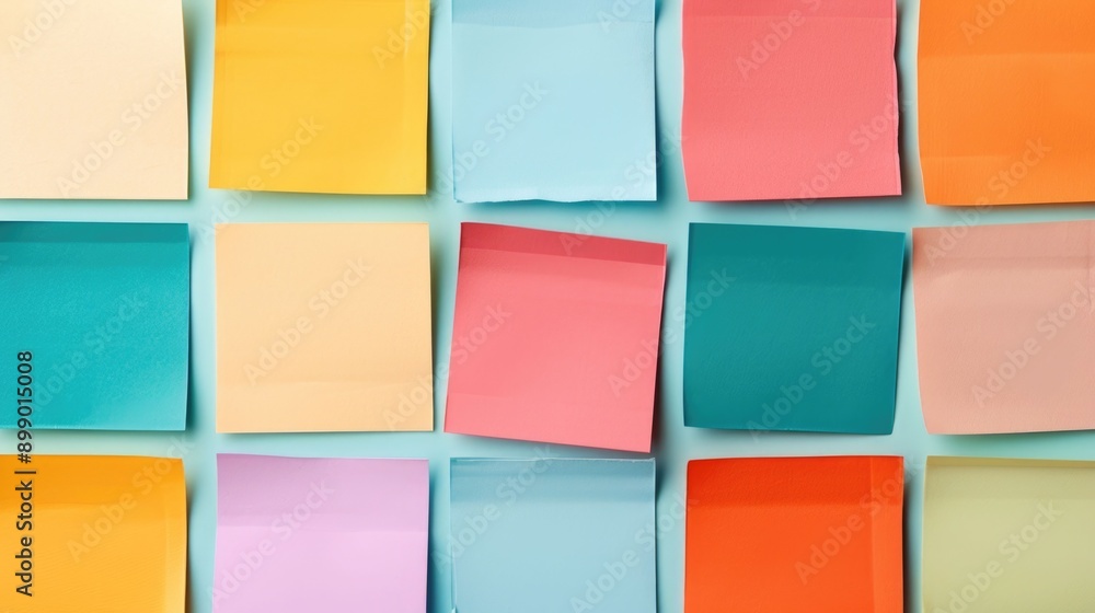 Poster vibrant flat lay arrangement of various shaped and colored sticky notes with deep depth of field cre