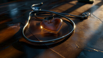 Obraz premium Stethoscope and Glass Heart on Wooden Surface in Warm Light