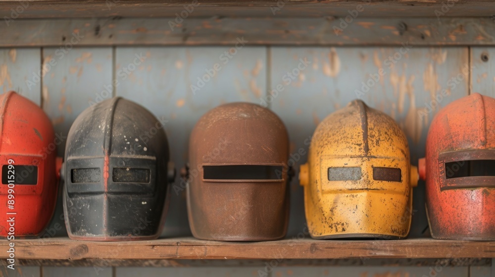 Poster a collection of vintage and worn welding masks displayed on a rustic industrial style shelf the mask
