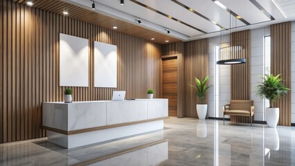 Fototapeta premium Luxurious modern hotel reception area features white and wooden walls, elegant tiled floor, and a sleek white reception desk with a vertical poster display.