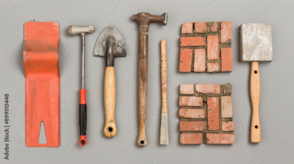 Aufkleber an assortment of traditional masonry tools including a hammer trowel level chisel and scraper laid o