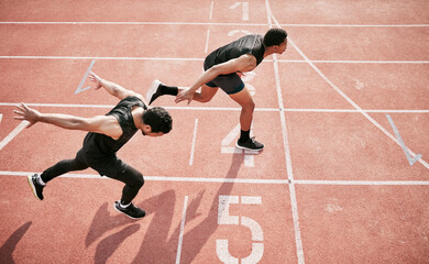 Race, challenge and men at finish line for speed, marathon event and professional sports arena....
