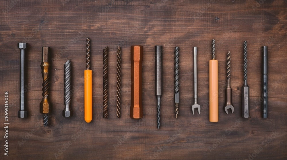 Poster Flat lay composition of various sized and shaped drill bits meticulously arranged on a weathered wooden background  This image showcases the tools and hardware used in construction metalworking