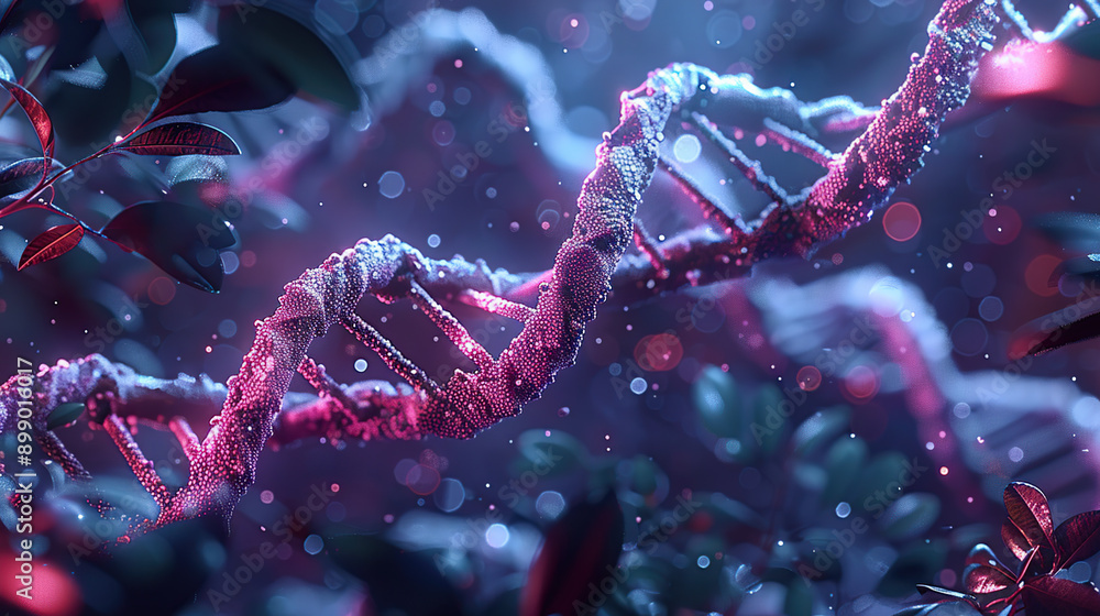 Wall mural 3d render of a double helix dna structure, glowing in pink and red colors