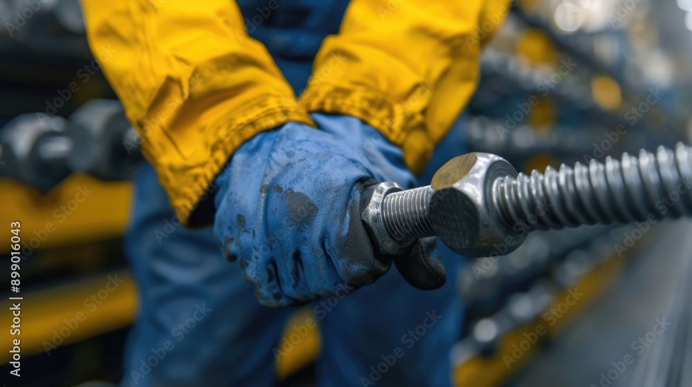 Poster closeup of a worker s hands using a torque wrench to tighten a metal bolt on a machinery or automoti