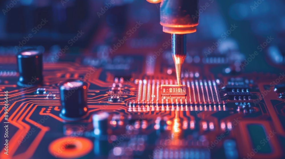 Poster close up view of an electrical tester device being used to examine the intricate components and conn