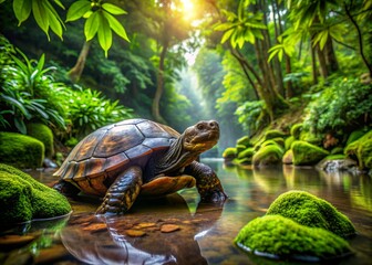 Naklejka premium Majestic Arakan forest turtle inhabits murky waters surrounded by lush greenery, moss-covered rocks, and fallen leaves in a serene, ultra-realistic natural environment.