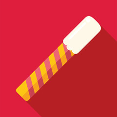 Striped wafer stick with filling casting a long shadow on a red background, perfect for representing sweets, snacks, and treats