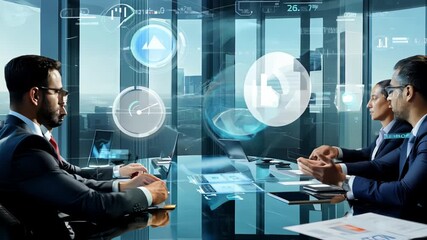 Corporate Team Discussing Futuristic Digital Interface