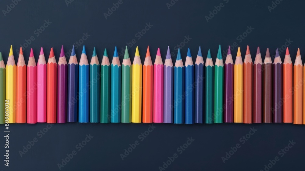 Poster flat lay composition of assorted colored pencils arranged in a vibrant rainbow pattern on a dark bac