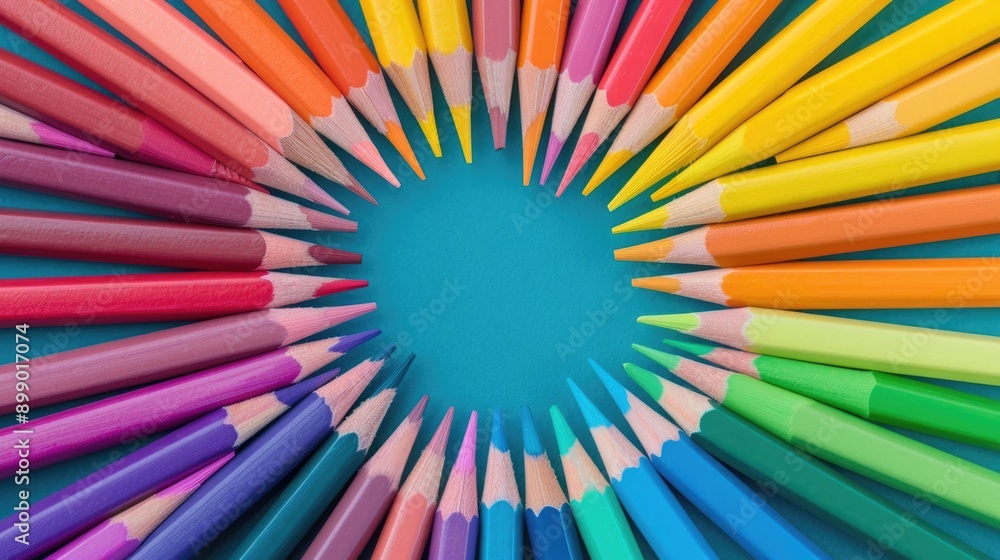 Aufkleber flat lay image of a perfectly arranged collection of colored pencils in a radial rainbow pattern cre