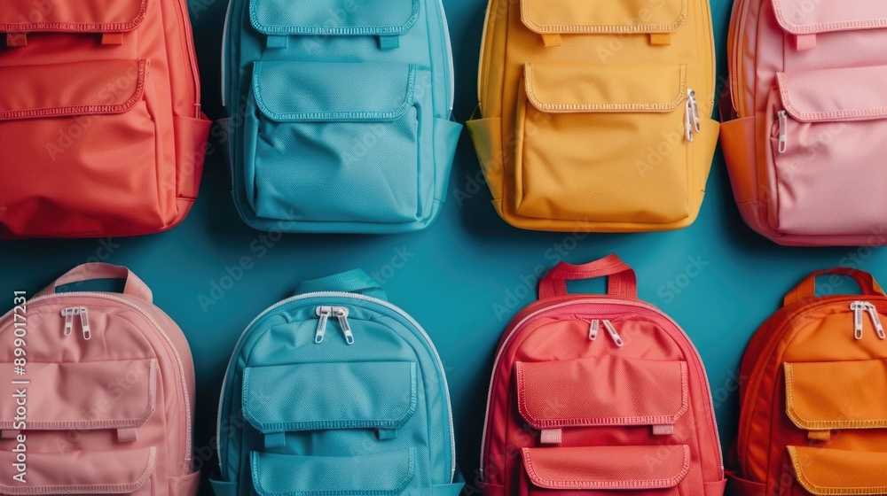 Poster flat lay composition of vibrant colorful backpacks and various school supplies spilling out on a des