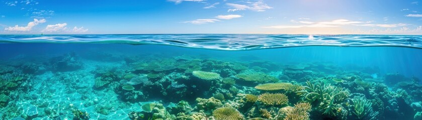 Fototapeta premium A breathtaking panorama of a vibrant underwater world, showcasing colorful coral reefs and clear blue ocean water.
